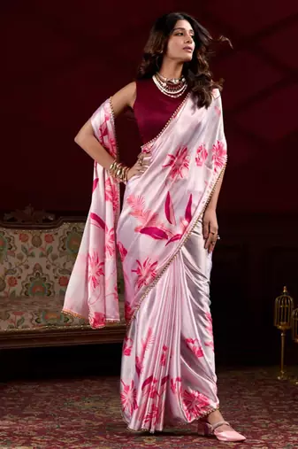 pink smooth japan satin mirror work satin saree