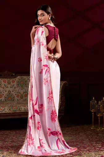 pink smooth japan satin mirror work satin saree