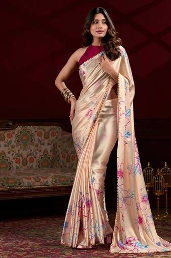 cream smooth japan satin mirror work satin saree