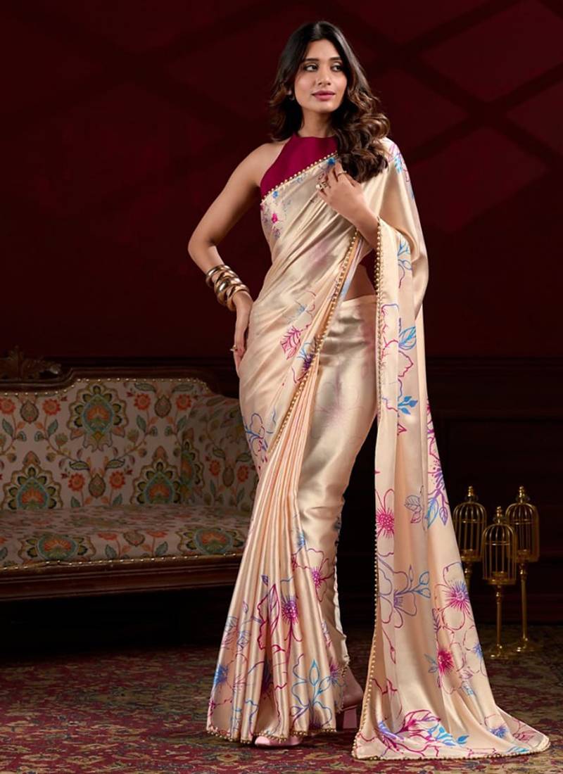 cream smooth japan satin mirror work satin saree
