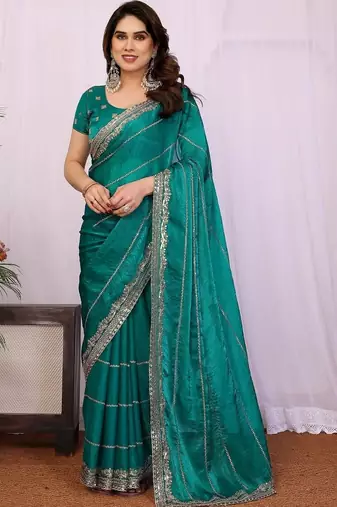 Teal pure chiffon embellished saree with blouse