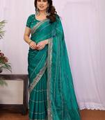 Teal pure chiffon embellished saree with blouse