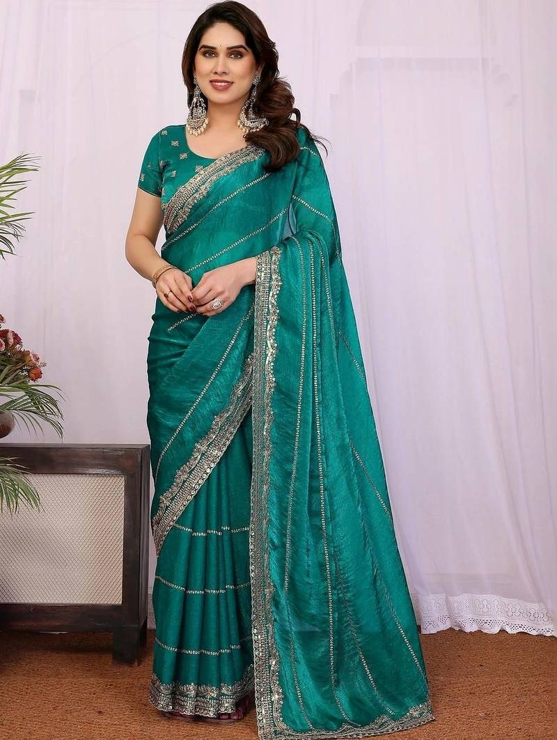 Teal pure chiffon embellished saree with blouse