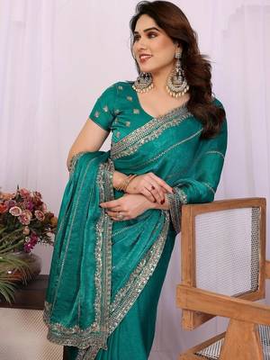 Teal pure chiffon embellished saree with blouse 2