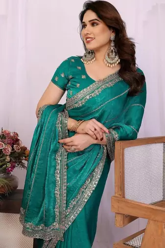 Teal pure chiffon embellished saree with blouse