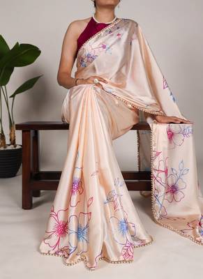 cream smooth japan satin mirror work satin saree 2