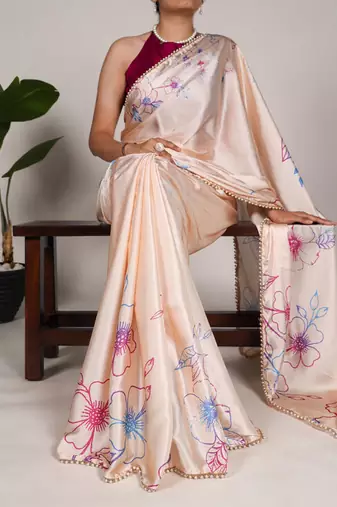 cream smooth japan satin mirror work satin saree