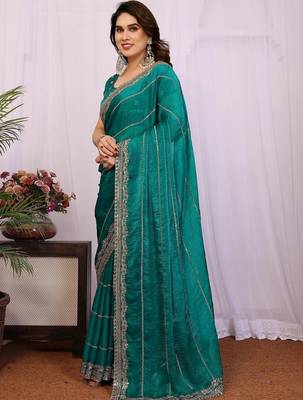 Teal pure chiffon embellished saree with blouse 3
