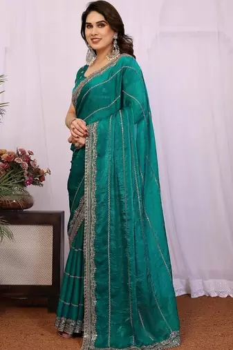 Teal pure chiffon embellished saree with blouse