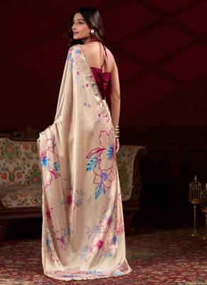 cream smooth japan satin mirror work satin saree 3