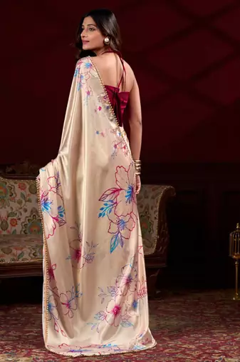 cream smooth japan satin mirror work satin saree