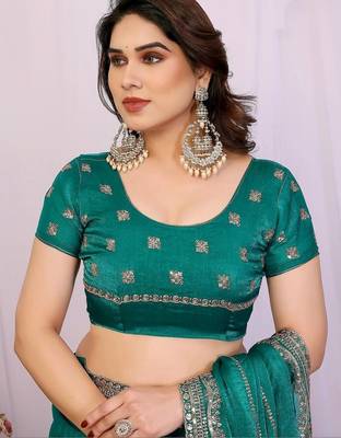Teal pure chiffon embellished saree with blouse 4
