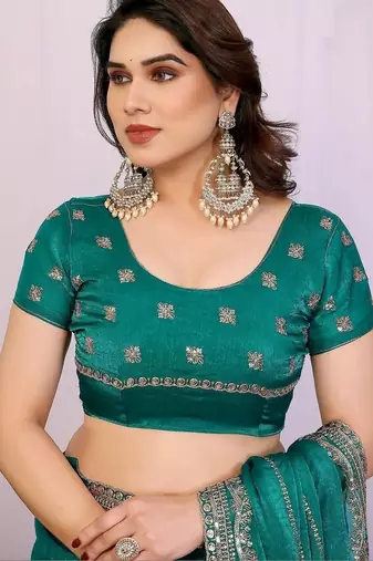 Teal pure chiffon embellished saree with blouse
