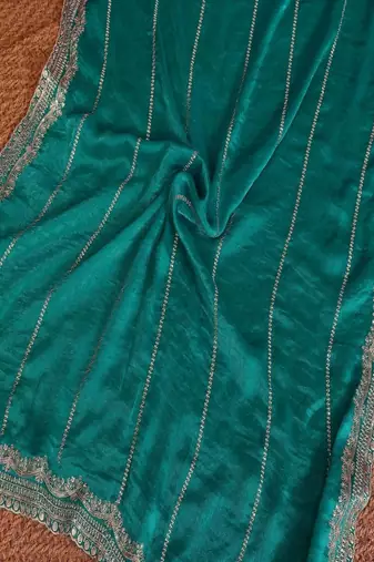 Teal pure chiffon embellished saree with blouse