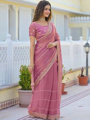 Pink pure chiffon striped saree with blouse 1