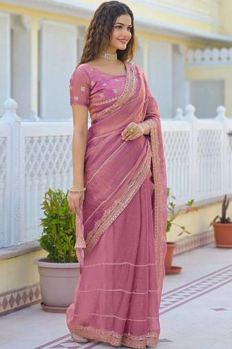 Pink pure chiffon striped saree with blouse