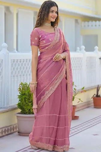 Pink pure chiffon striped saree with blouse