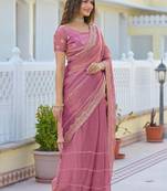 Pink pure chiffon striped saree with blouse