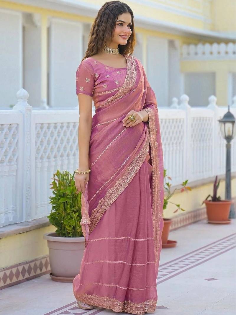 Pink pure chiffon striped saree with blouse