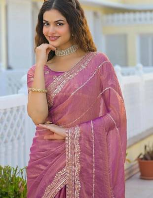 Pink pure chiffon striped saree with blouse 2