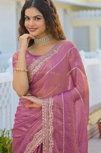 Pink pure chiffon striped saree with blouse