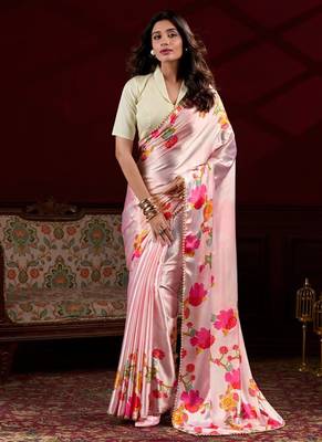 peach smooth japan satin mirror work satin saree 1