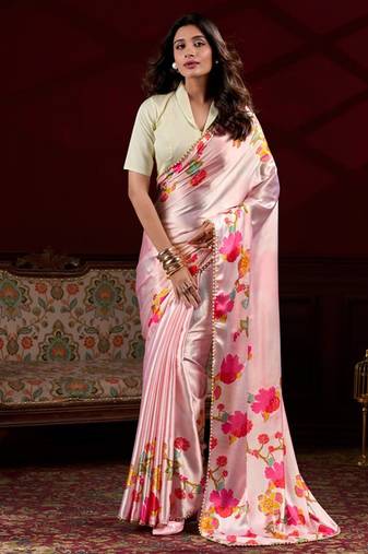 peach smooth japan satin mirror work satin saree