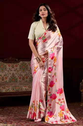 peach smooth japan satin mirror work satin saree