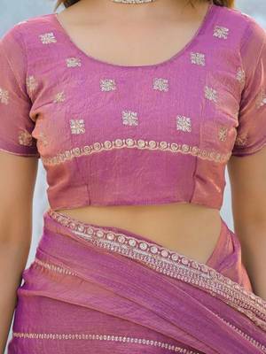 Pink pure chiffon striped saree with blouse 4