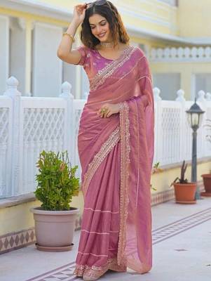 Pink pure chiffon striped saree with blouse 5