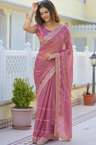 Pink pure chiffon striped saree with blouse