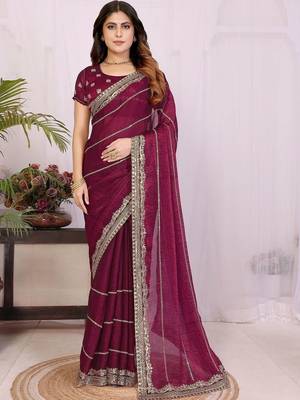 Burgundy pure chiffon embellished saree with blouse 1