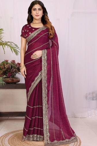 Burgundy pure chiffon embellished saree with blouse