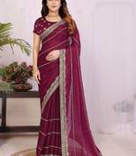 Burgundy pure chiffon embellished saree with blouse