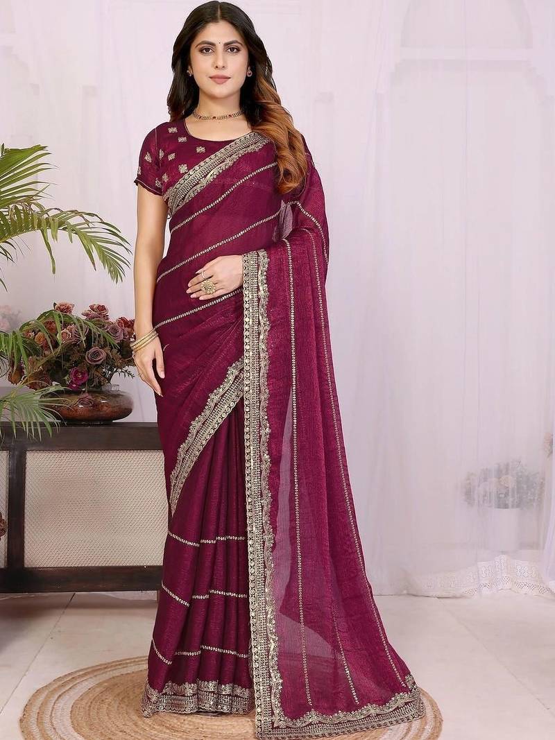 Burgundy pure chiffon embellished saree with blouse