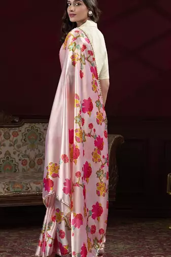 peach smooth japan satin mirror work satin saree