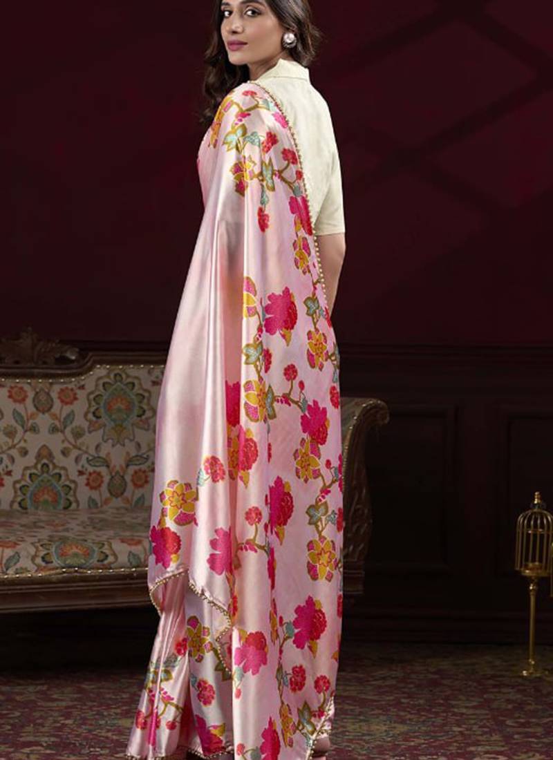 peach smooth japan satin mirror work satin saree