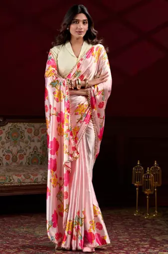 peach smooth japan satin mirror work satin saree