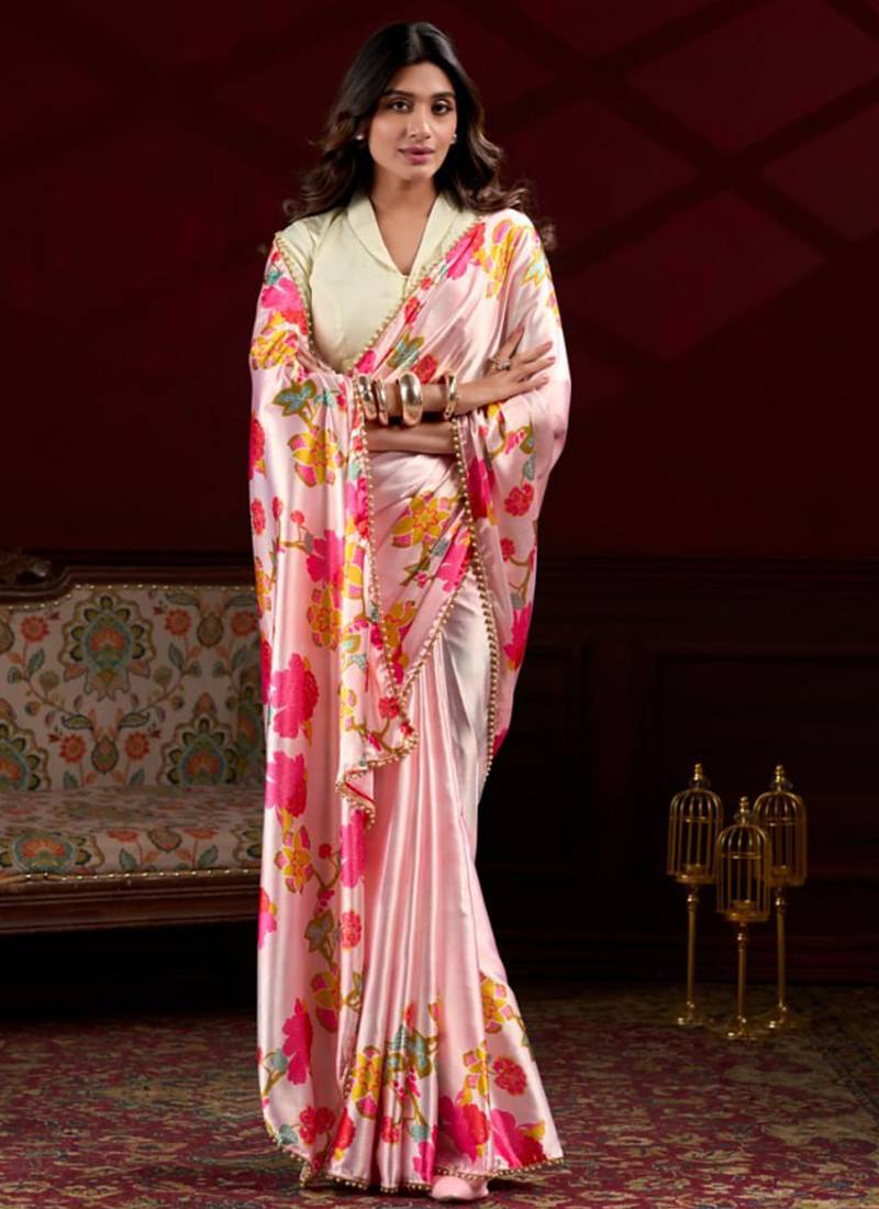 peach smooth japan satin mirror work satin saree
