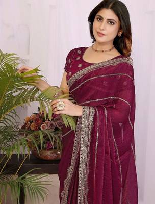 Burgundy pure chiffon embellished saree with blouse 2