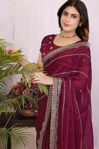 Burgundy pure chiffon embellished saree with blouse