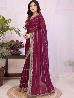 Burgundy pure chiffon embellished saree with blouse 3