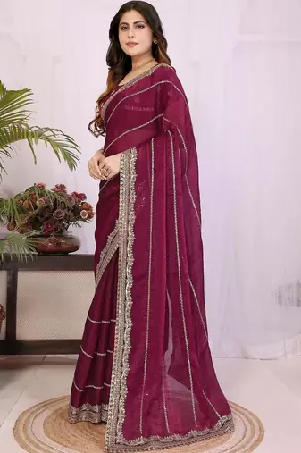 Burgundy pure chiffon embellished saree with blouse