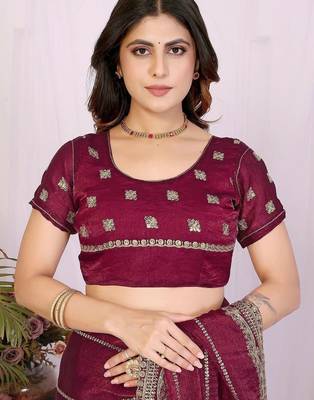 Burgundy pure chiffon embellished saree with blouse 4