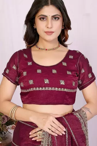 Burgundy pure chiffon embellished saree with blouse