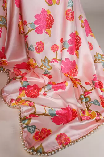 peach smooth japan satin mirror work satin saree