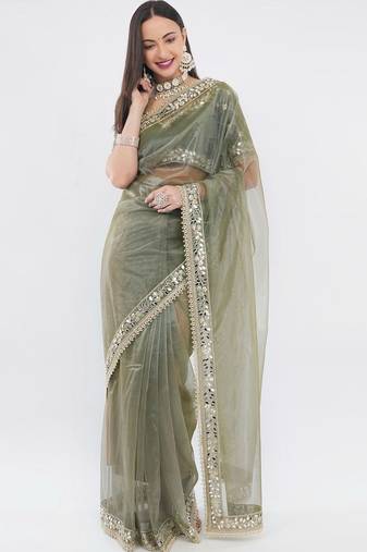 Olive net embellished saree with blouse