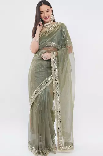 Olive net embellished saree with blouse