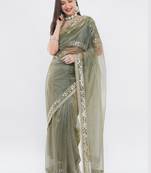 Olive net embellished saree with blouse