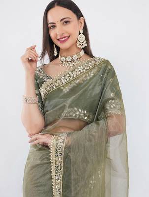 Olive net embellished saree with blouse 2